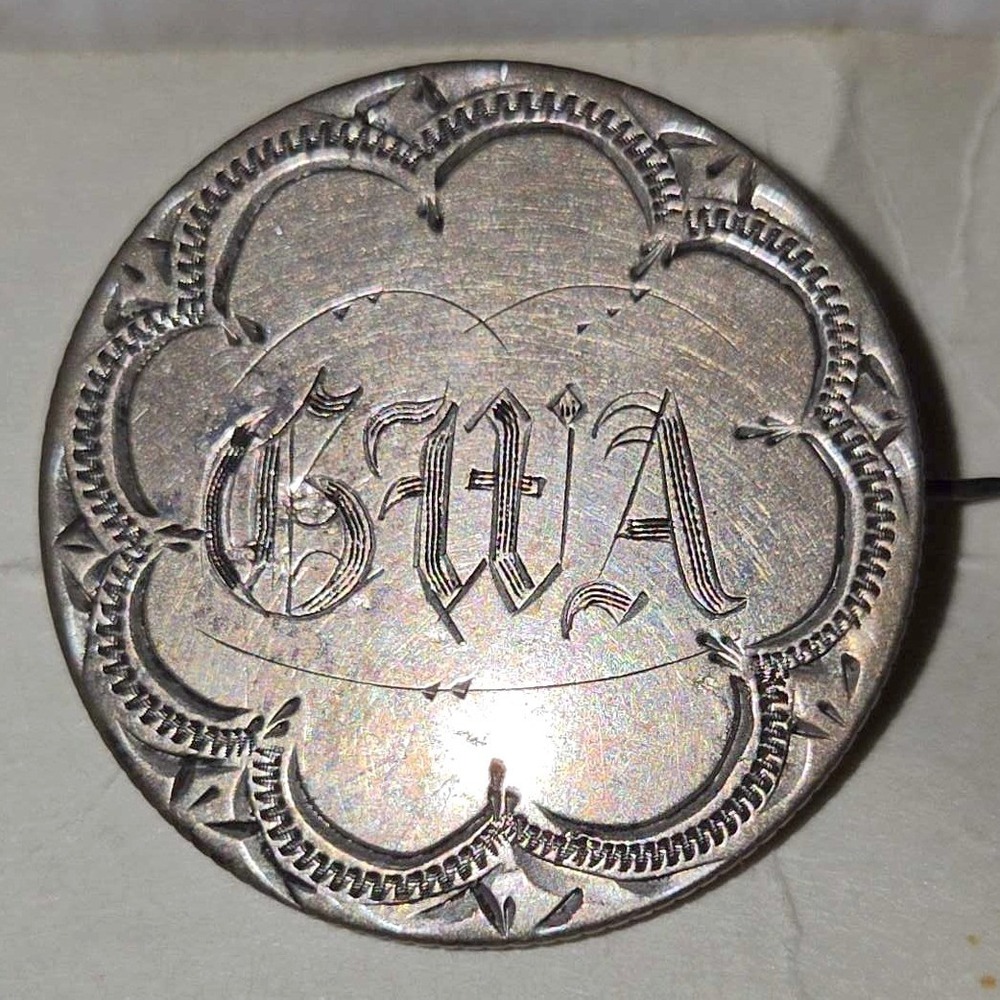 Love Token Brooch Silver Seated Liberty Quarter Handmade "GWA" Engraved 1880s